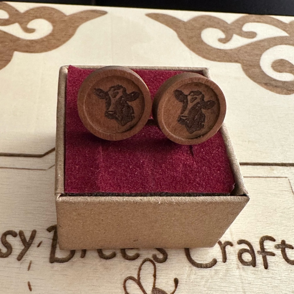 Wooden Cow Engraved Earrings